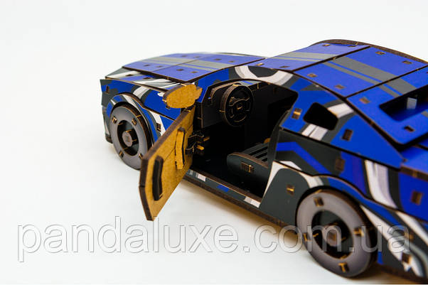 Дерев'яний 3D конструктор авто Muscle car GT синя, модель 162 деталей, фото 5