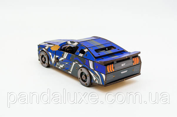 Дерев'яний 3D конструктор авто Muscle car GT синя, модель 162 деталей, фото 4