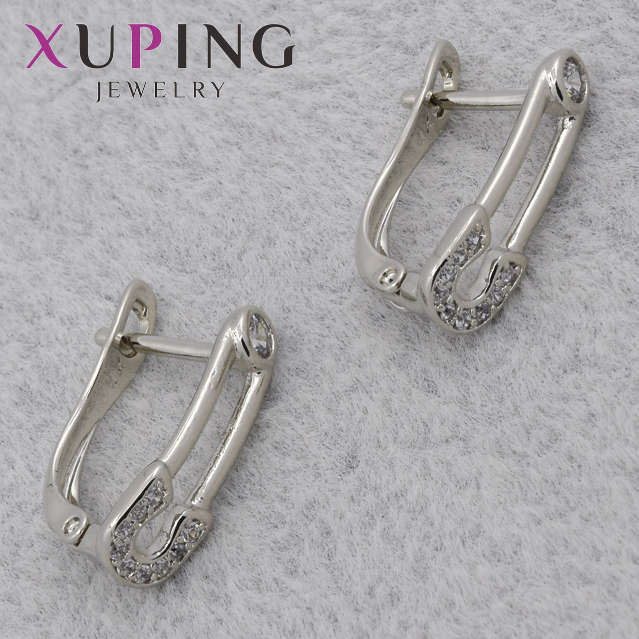 Серёжки женские серебристые фирма Xuping Jewelry родий английская застёжка булавки с камушками 15х6 мм