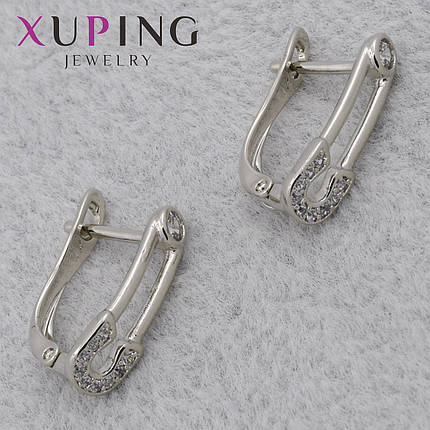 Серёжки женские серебристые фирма Xuping Jewelry родий английская застёжка булавки с камушками 15х6 мм, фото 1