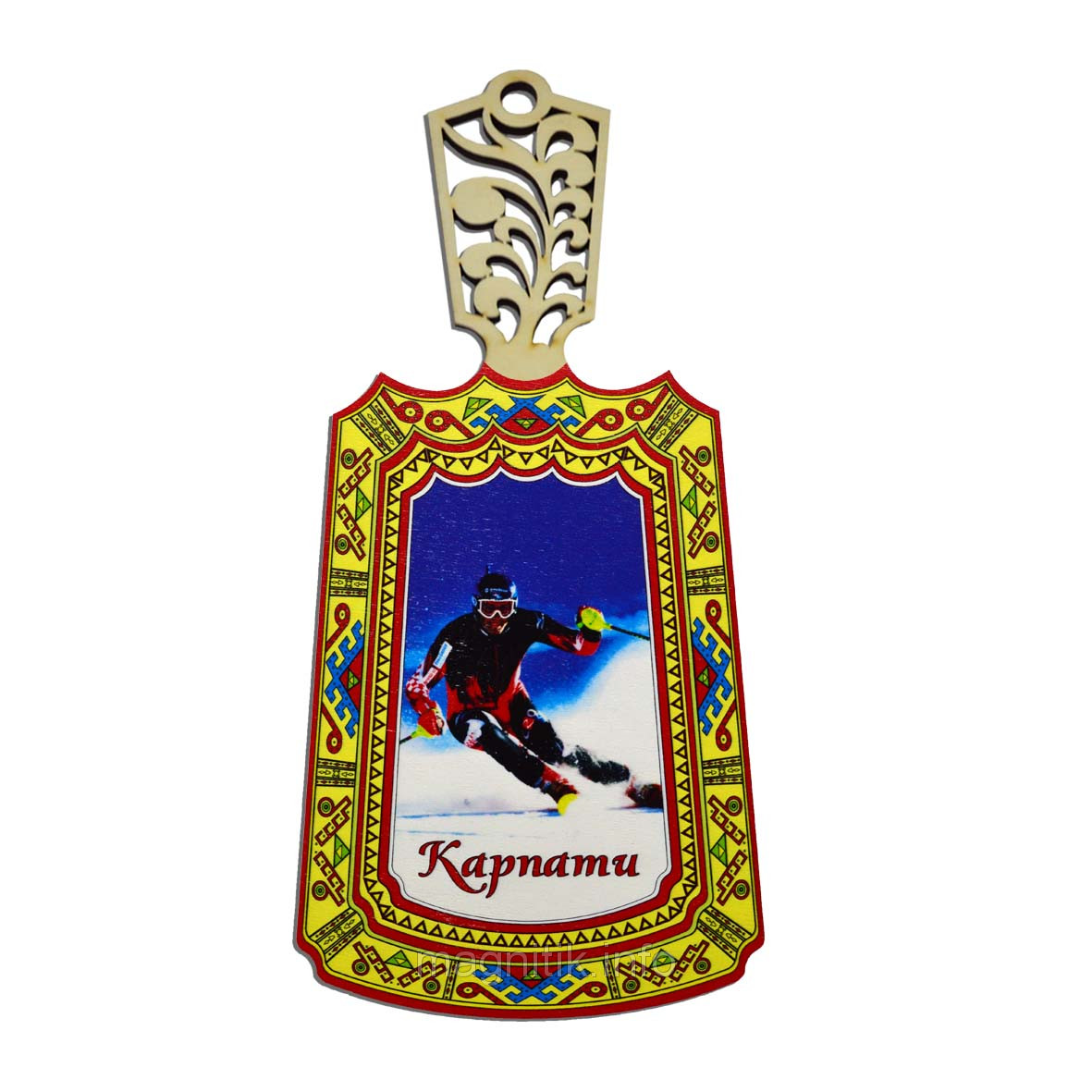 Обробна кухонна дошка "Карпати: Лижник у червоному костюмі"