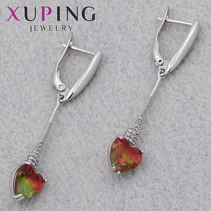 Серёжки женские серебристые фирма Xuping Jewelry родий английская застёжка с разноцветными сердечками 45х3 мм, фото 1