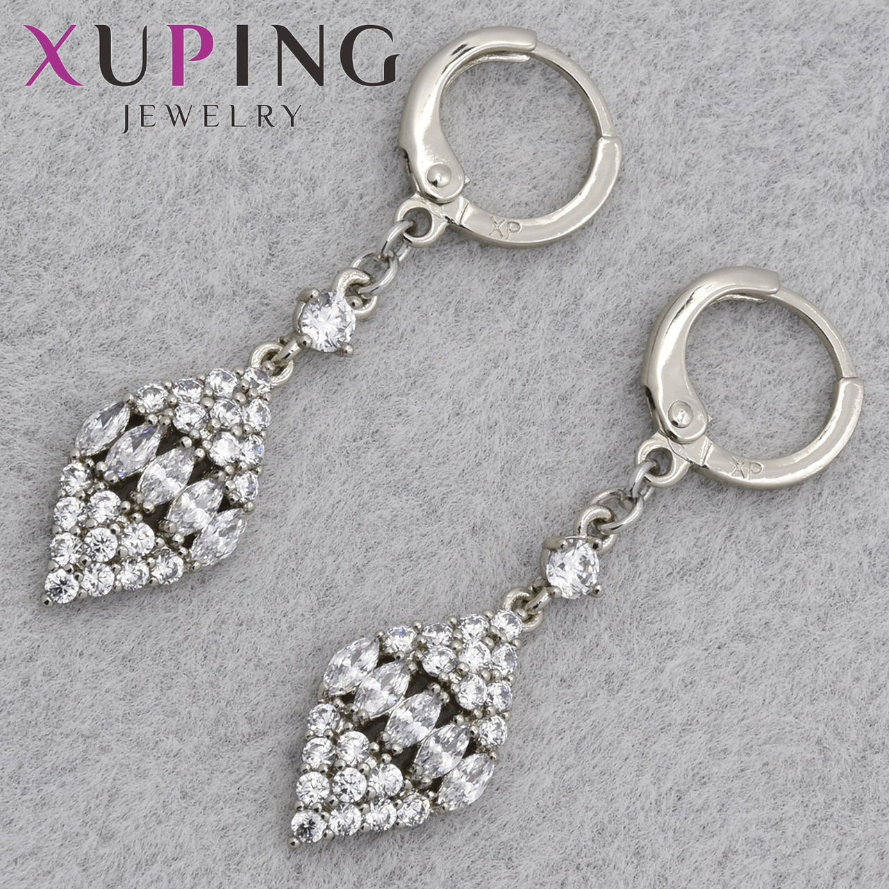 Серёжки кольцо конго серебристого цвета Xuping Jewelry покрыты родием с белыми фианитами размер 40х2 мм