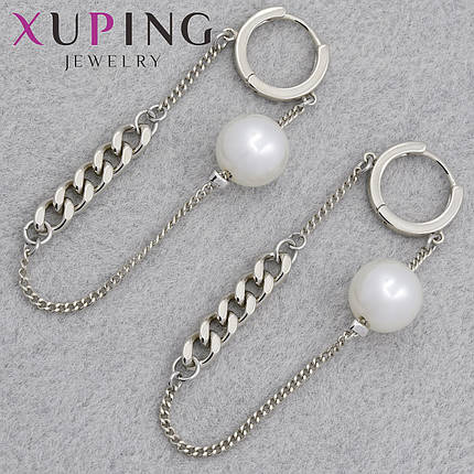 Серёжки кольцо конго серебристого цвета Xuping Jewelry покрыты родием висюльки с жемчугом диаметр кольца 12 мм, фото 1