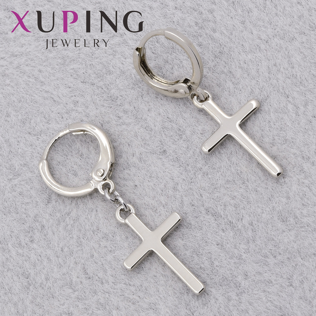 Серёжки кольцо конго серебристого цвета Xuping Jewelry покрыты родием крестики диаметр колечка 10 мм