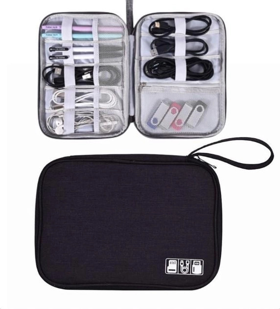 Сумка-органайзер для зберігання кабелів і зарядних пристроїв Чорна, Несесер для дротів і аксесуарів
