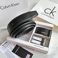 Мужской кожаный двухсторонний ремень и две пряжки Calvin Klein брендовый пояс джинсовый с тиснениями прошитый