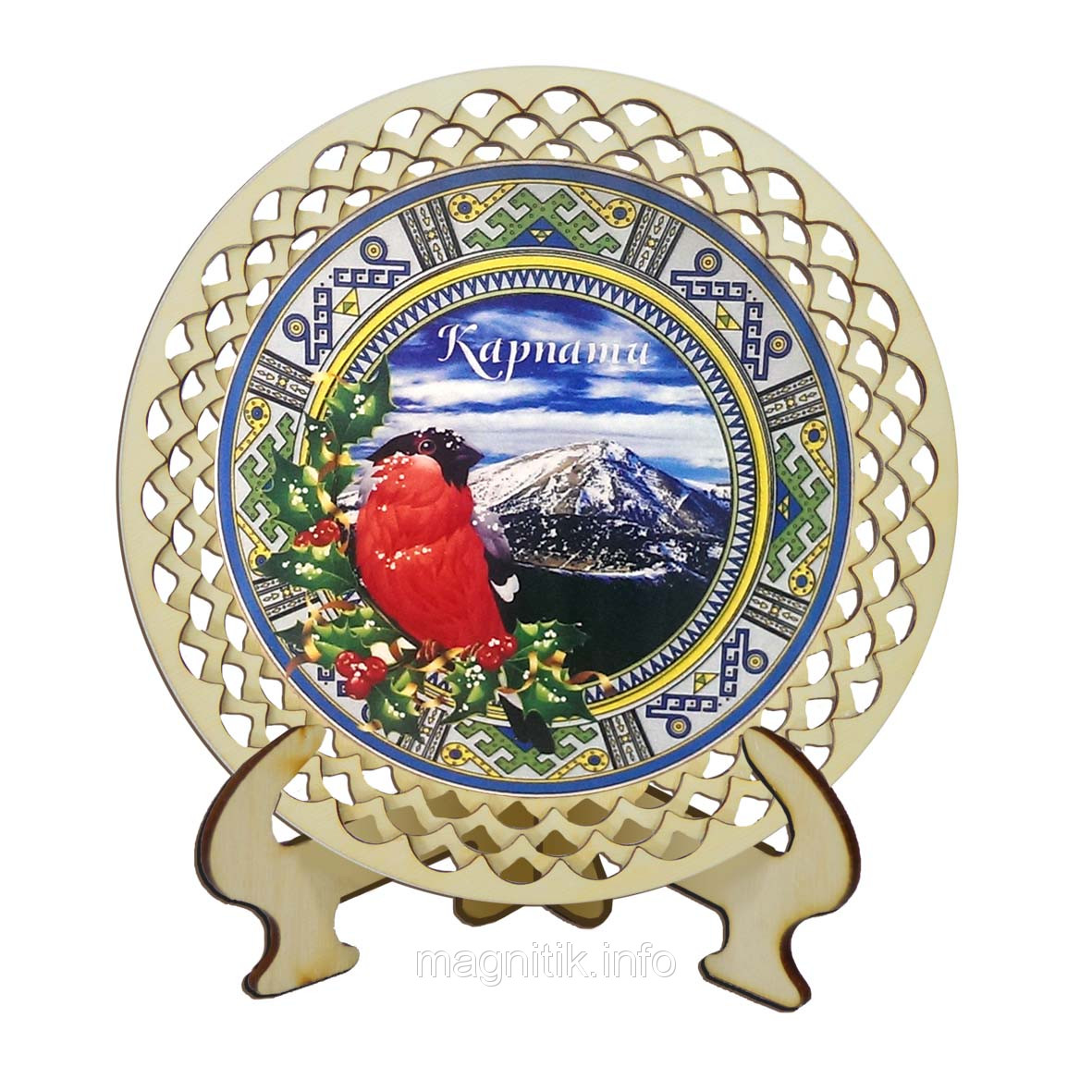 Настільна тарілочка "Карпати: Гори у снігу (синя рамка)"