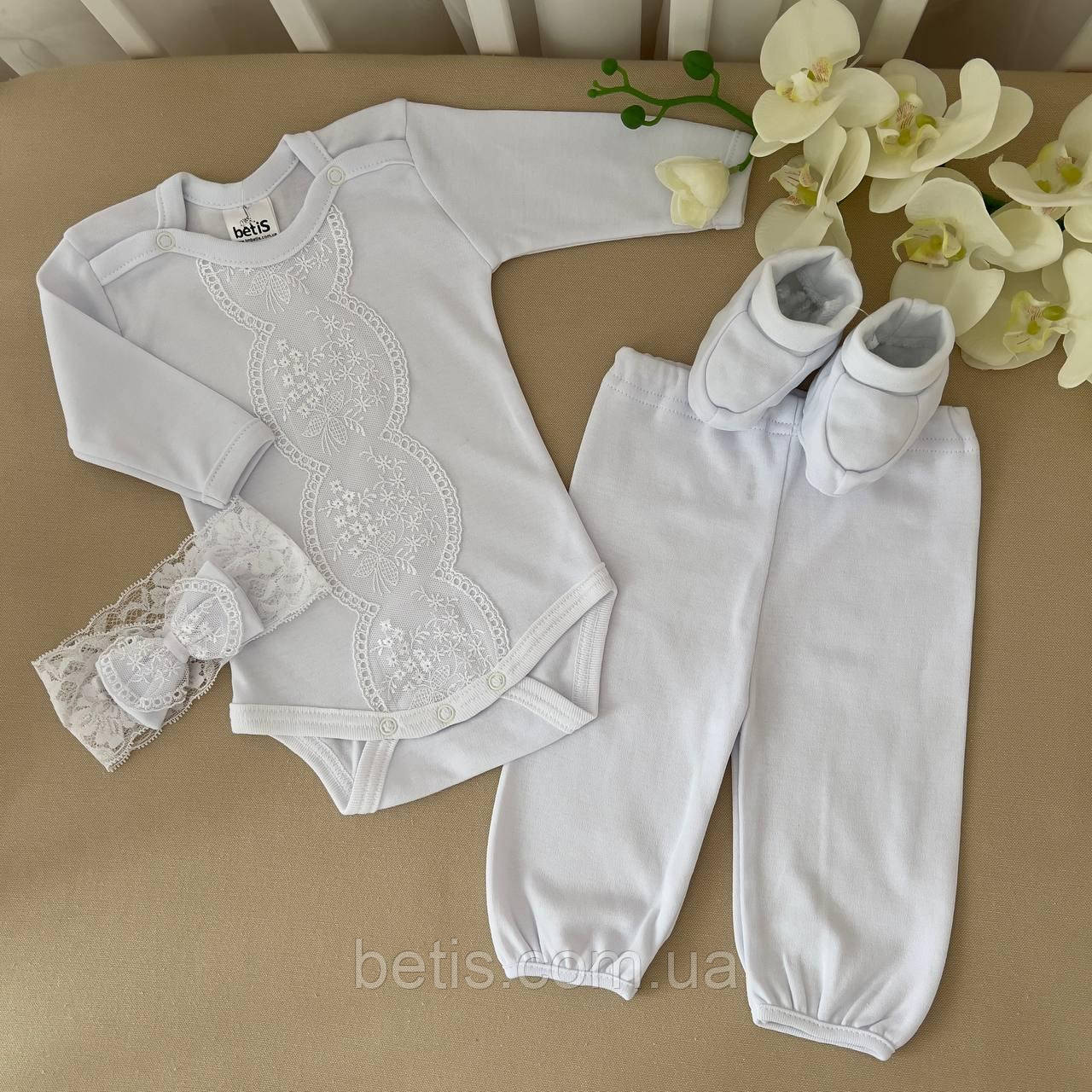 К-м "Злата" д.р. боді,штани,пінетки,пов'язка Білий Інтерлок арт.27082391 Зріст 56-38(р)