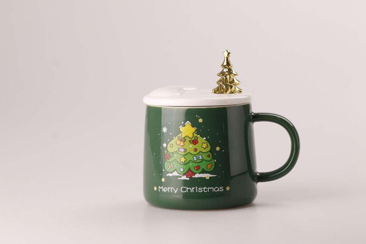 Чашка керамічна Merry Christmas 500мл з кришкою і ложкою чашка з кришкою Зелений, фото 1