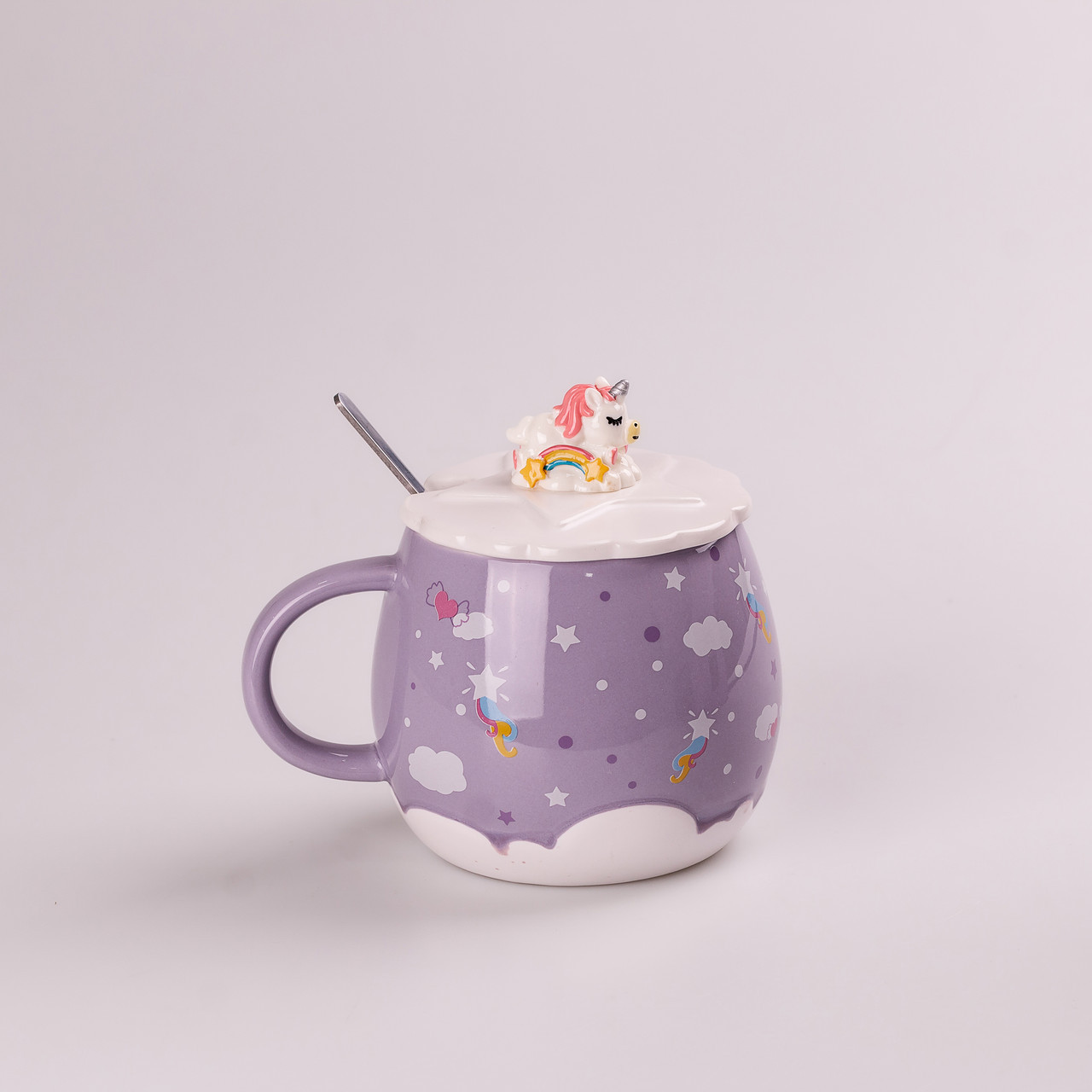 Чашка керамічна Rainbow Ceramic Mug 400ml з кришкою і ложкою Бузковий, фото 1