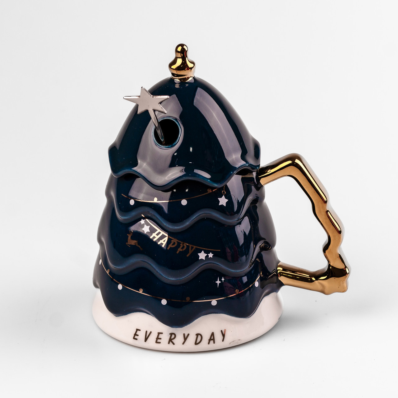 Чашка керамічна 460 мл з кришкою та паличкою для розмішування Темно-синя, фото 1