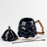 Чашка керамічна 460 мл з кришкою та паличкою для розмішування Темно-синя, фото 2