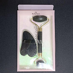 Масажери для обличчя в наборі – роликовий, скребок гуаша чорний нефрит Ruby Face