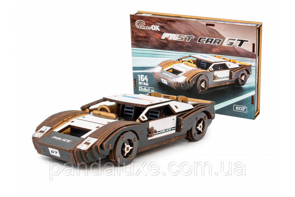 Дерев'яний 3D конструктор гоночне авто Fast car Gt, модель 164 деталей, фото 1