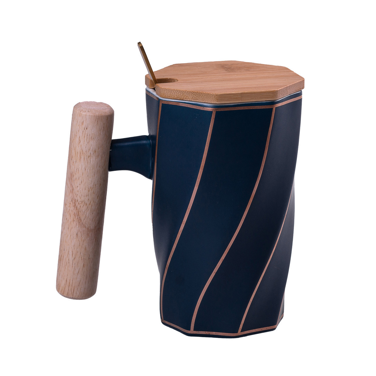 Кухоль керамічний Bamboo 350мл з бамбуковою кришкою та ложкою Синій, фото 1