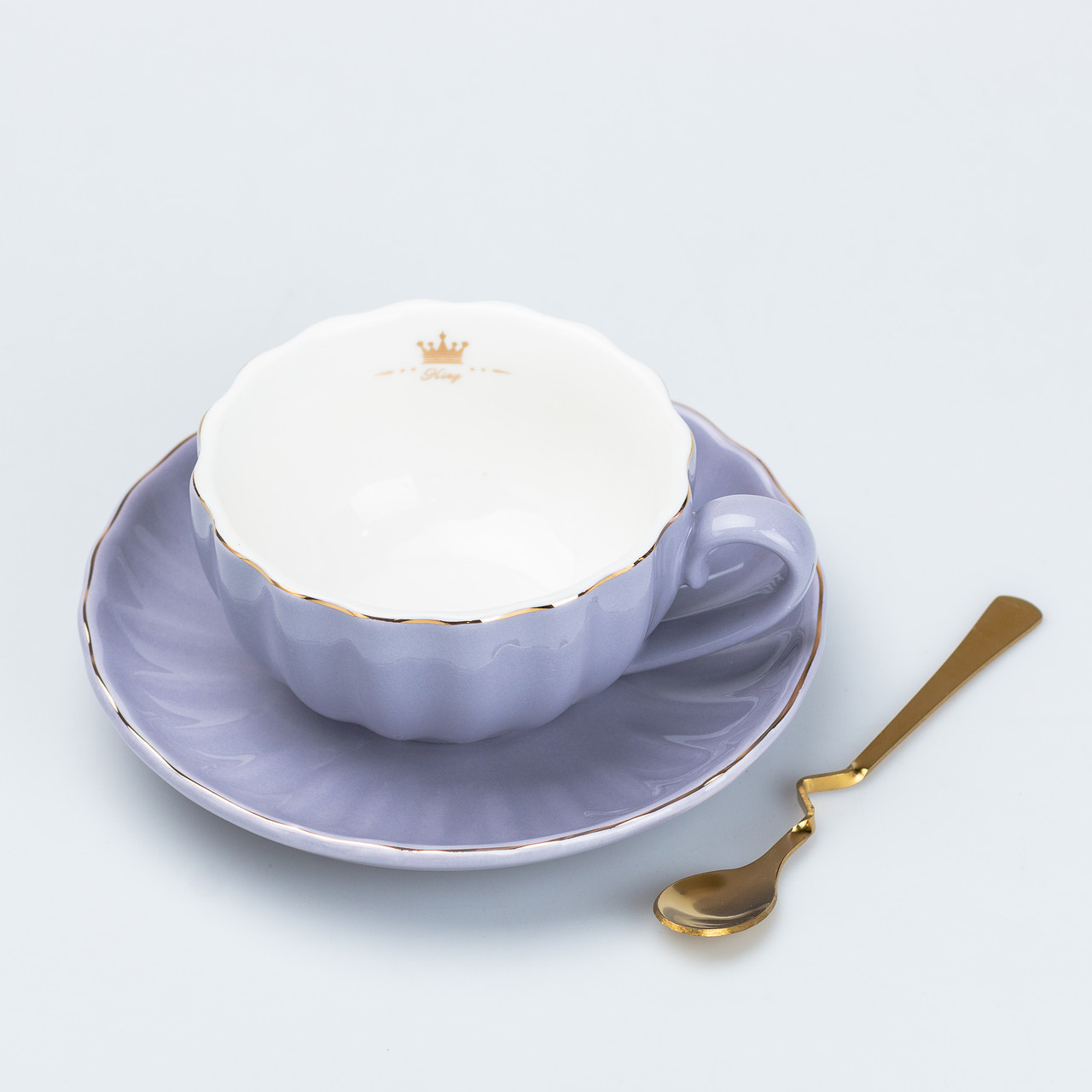 Чашка керамічна з блюдцем та ложкою 200 мл Бузкова, фото 1