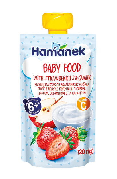 Пюре фруктове Hamanek Яблуко,полуниця з сиром та вітаміном С від 6 місяців, пауч 120г. (Хаме), фото 1