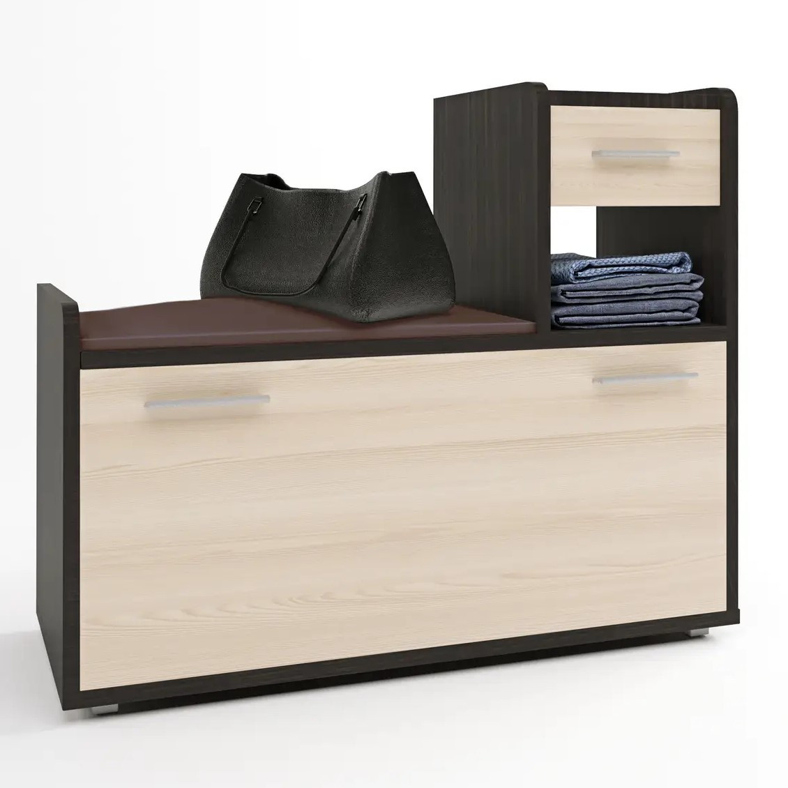 Тумба для взуття з м'яким сидінням Тандем (права) Венге темний, Дуб молочний (90х38х74 см) Еверест, фото 1