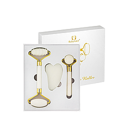 Масажери для обличчя в наборі - роликовий, кульковий, скребок гуаша білий нефрит Ruby Face