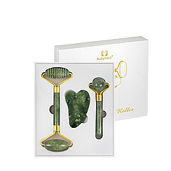 Масажери для обличчя в наборі – роликовий, кульковий, скребок гуаша зелений нефрит Ruby Face