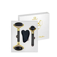 Масажери для обличчя в наборі — ролер двосторонній, кульковий, шкребок гуаша чорний нефрит Ruby Face