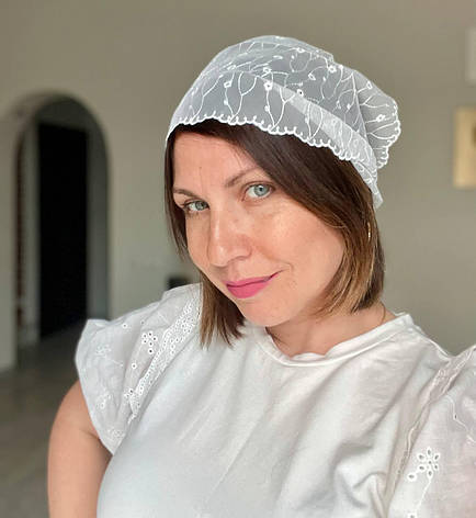 Мереживна косинка хустка на голову до храму Квіточки 90*25 см вузька біла (жіноча, дитяча), фото 1