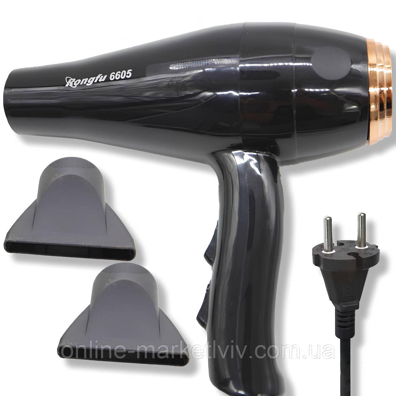 Професійний фен для волосся + 2 насадки, 3000W, RONGFU 6605 / Потужний фен для укладання та сушіння волосся, фото 1