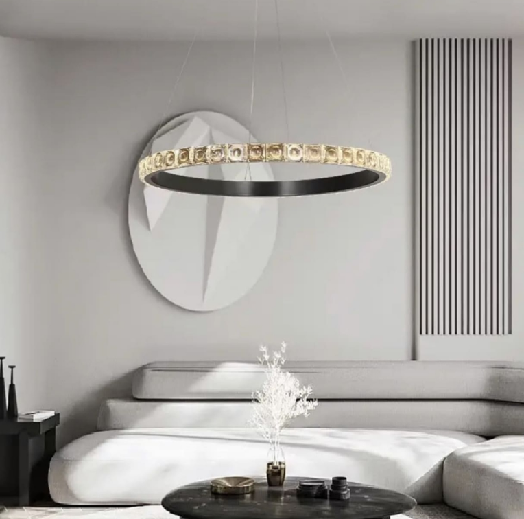 Люстра, у вигляді гламурної каблучки з блискучими камінчиками, у чорному каркасі діаметром 60/80см, фото 1