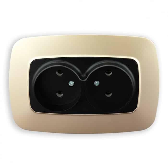 Розетка подвійна без заземлення чорний-золото. Гарантія 24 місяці.