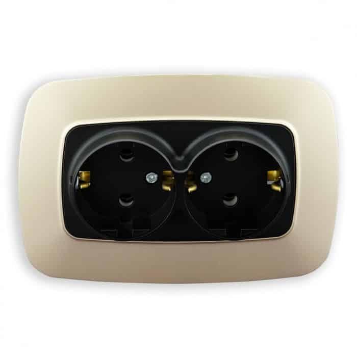 Розетка подвійна з заземленням чорний-золото. Гарантія 24 місяці.
