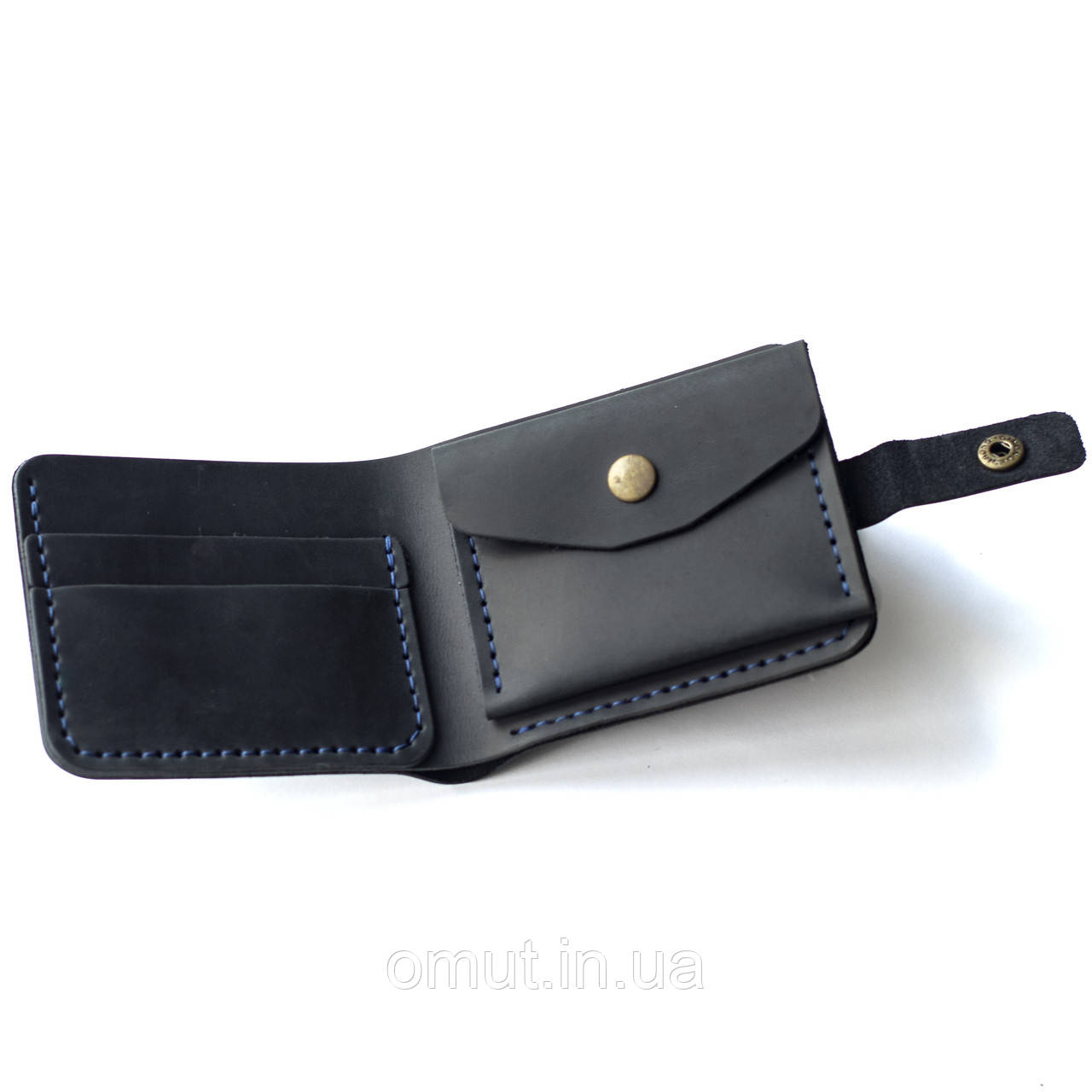 Темно-синій гаманець (портмоне) з натуральної шкіри Comfort Blue з монетницею та фіксацією на кнопці, фото 1