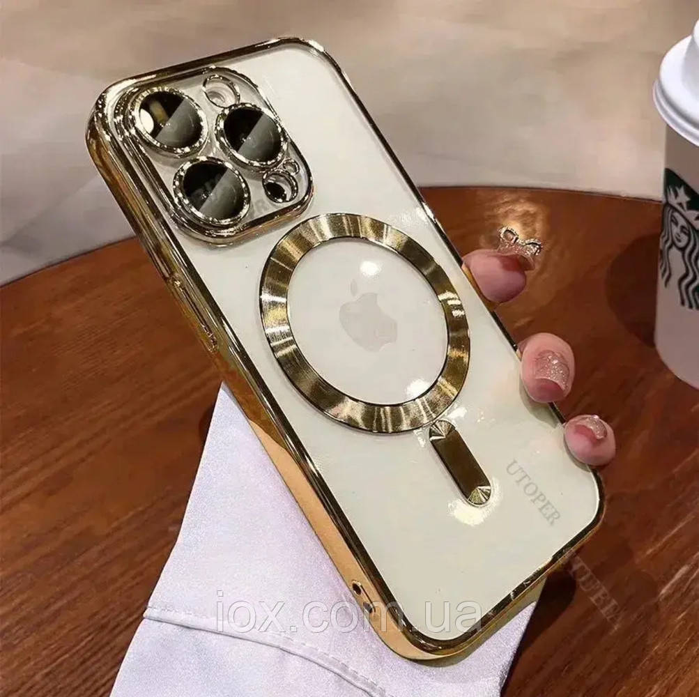 Прозоро-золотий чохол MagSafe і склом на камеру для Iphone 14 Pro