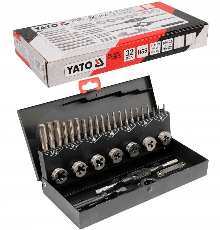 Комплект Мітчиків та Плашок M3, M4, M5, M6, M8, M10, M12 Набір 32 шт YATO (YT-2975), фото 1
