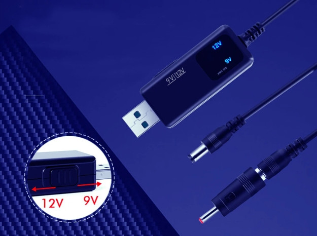 Кабель USB to DC для роутера з 5V на 9V(1A) або 12V(0.8A) 5.5х2.1/3.5x1.35 mm з перемикачем