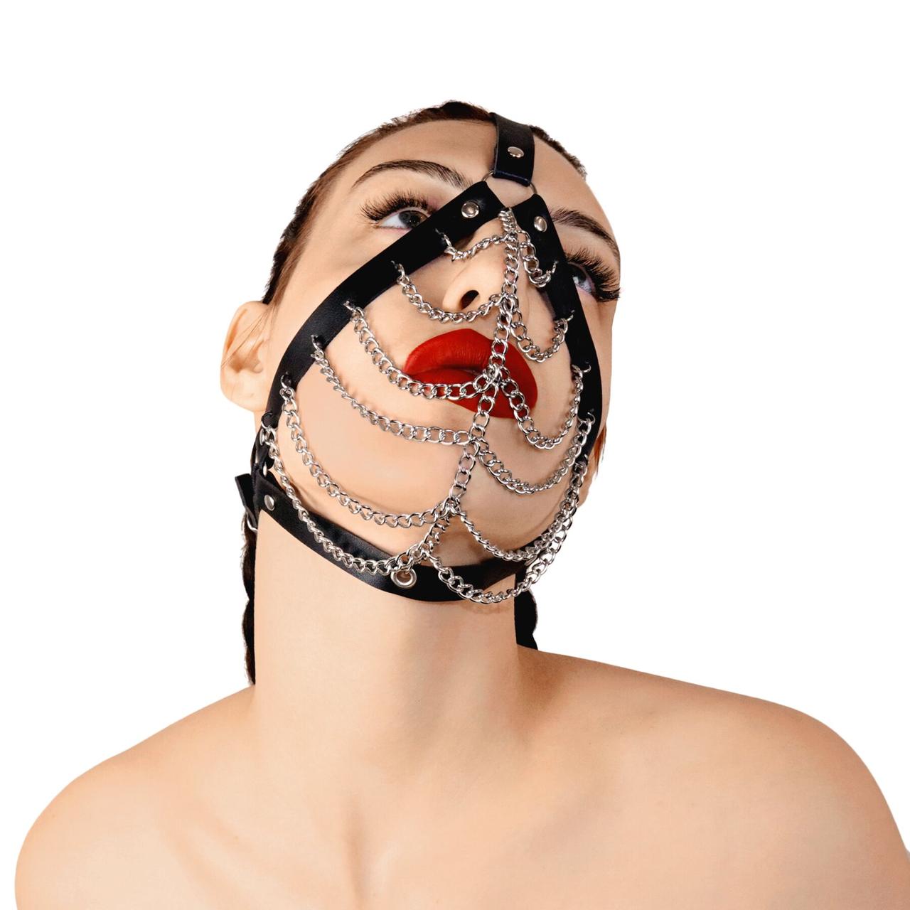 Маска з ланцюгами Art of Sex — Devon, натуральна шкіра, колір чорний, фото 1