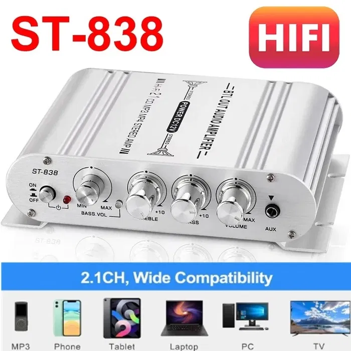 Підсилювач потужності + сабвуфер. ST-838. AUX, 2*20+40W, RMS. Аудіо,12 V-силів, фото 1