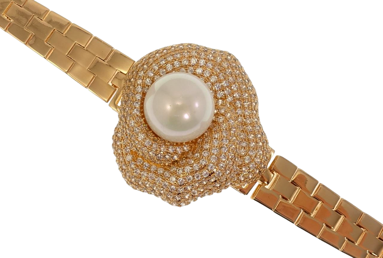 Браслет Xuping Позолота 18K "Перлина в Широкій Фігурній Оправі з Інкрустацією Цирконій" довжина 19,5см х 10мм