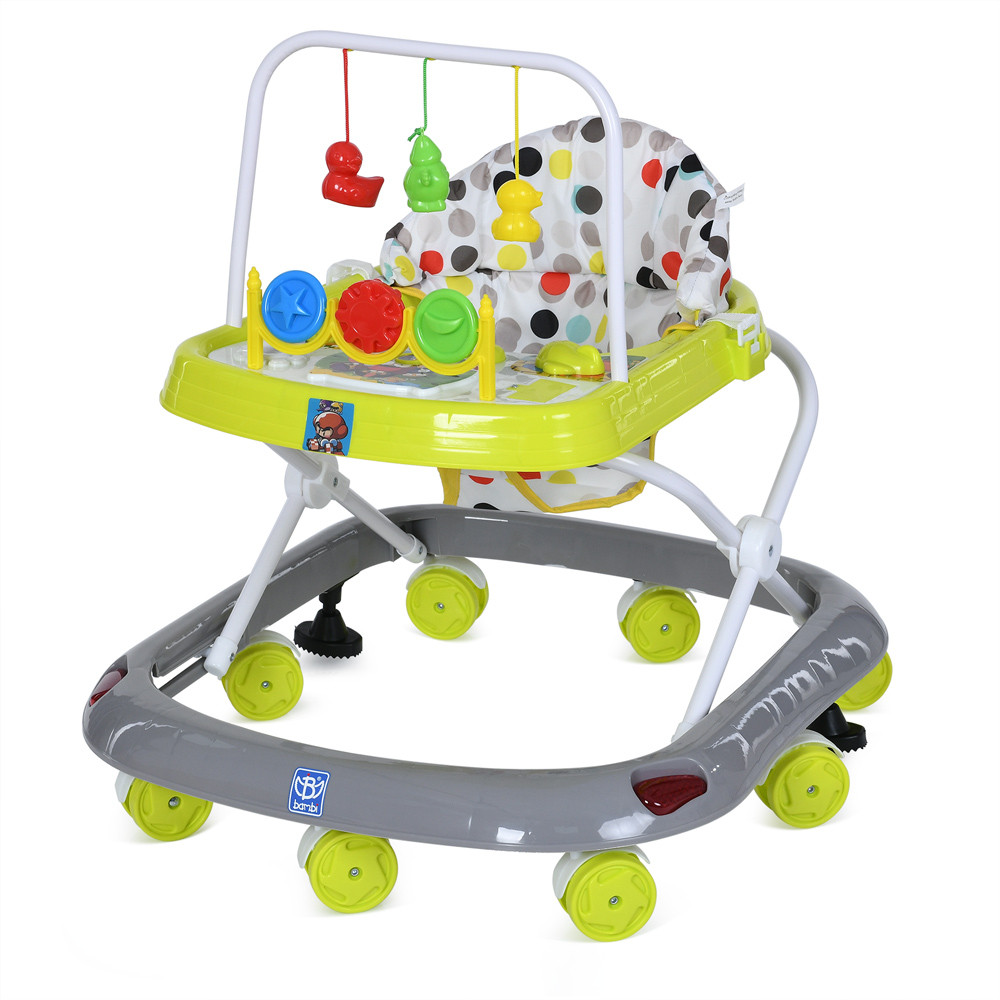 Ходунки M 0541C-9 дуга з підвісками, колеса 8 шт., 2 стопора, муз., світло, бат., сіро-зелений., фото 1