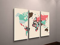 Картина модульна на холсті Політична карта світу Карта з континентами 90х60 з 3х частин