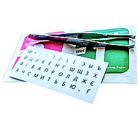 Наклейки на клавіатуру прозорі, чорний текст, вирізані по контуру