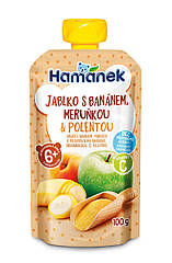Пюре Hamanek Яблуко, банан, абрикос та полента від 6 місяців, пауч 100г. (Хаме)