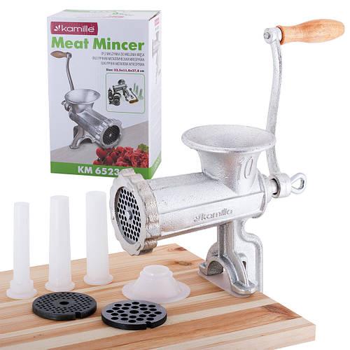 М'ясорубка ручна Kamille чавунна з 3 насадками 19х12х29см KM-6523, фото 1