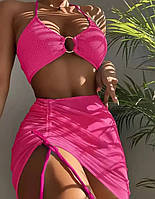 Купальник 3 в 1: ліф бандо, трусики-плавки, спідниця-парео з сітки (р.M, рожевий)