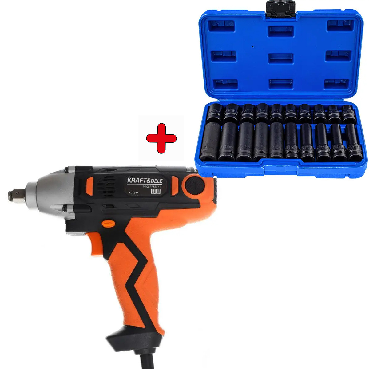 Електричний ударний гайковерт Kraft & Dele 1/2" (2100 Вт) 800 Нм + головки Vorfal 1/2" (10-19 мм) CR-MO 20 од. (KD1557+V08117), фото 1