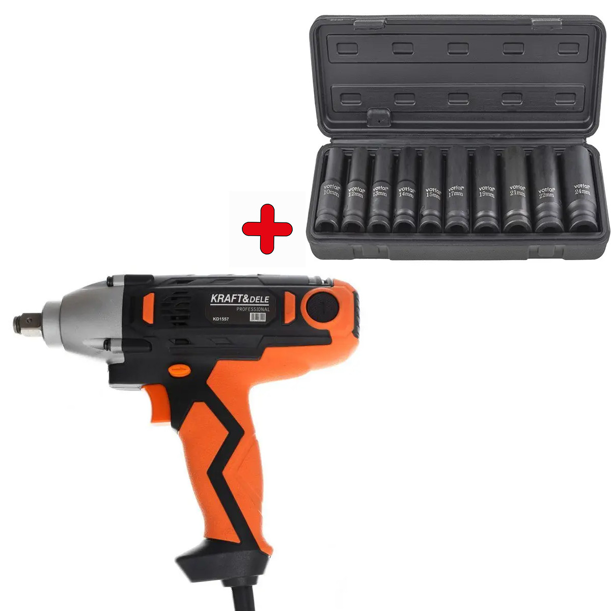 Електричний ударний гайковерт Kraft & Dele 1/2" (2100 Вт) 800 Нм + головки Vorfal 1/2" (10-24 мм) 10 шт. (KD1557+V08119), фото 1