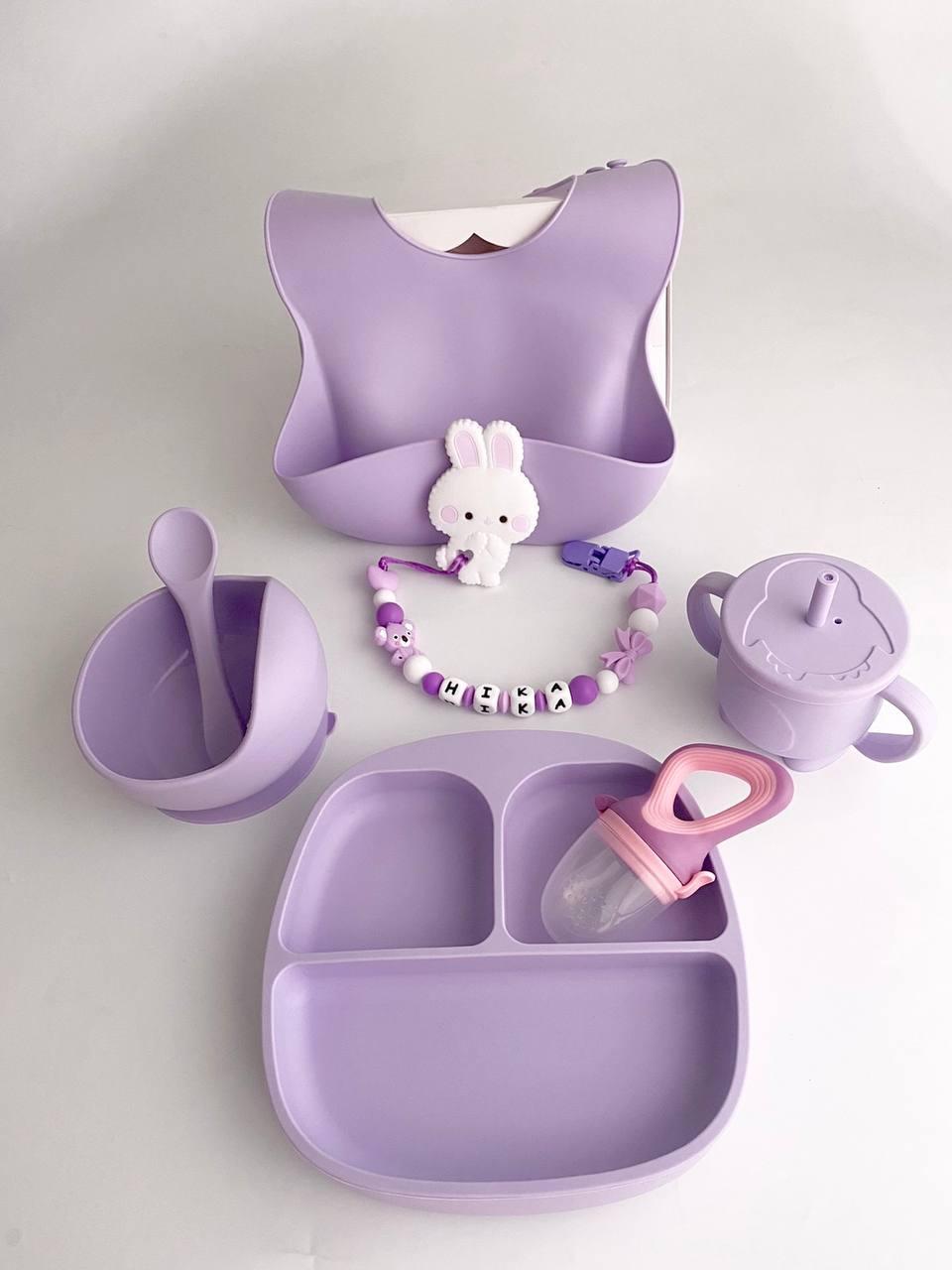 Дитячий силіконовий посуд для прикорму / поїльник, нагрудник, тарілки на присосках, ложка з гризунком Зайчик, фото 1
