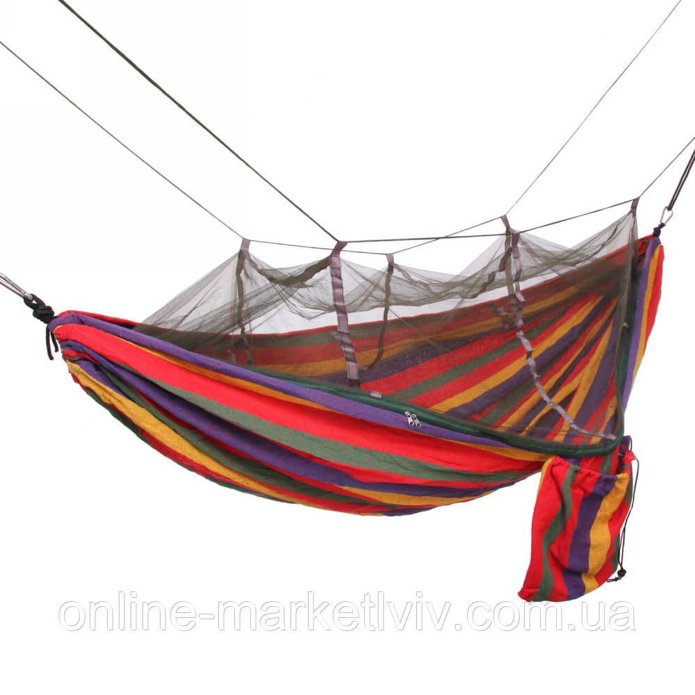 Гамак з москітною сіткою 240х150 см в чохлі, до 150кг, A001, Різнокольоровий / Гамак туристичний / Підвісний гамак, фото 1