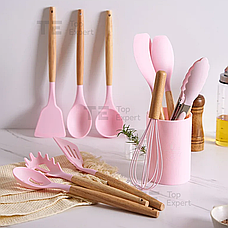 Набір кухонного приладдя з підставкою Kitchen set 12 предметів аксесуари силіконові для кухні рожевий, фото 4