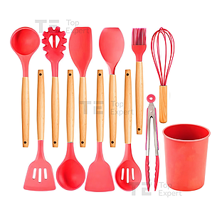 Набір кухонного приладдя з підставкою Kitchen Set 12 предметів аксесуари силіконові для кухні червоний, фото 3